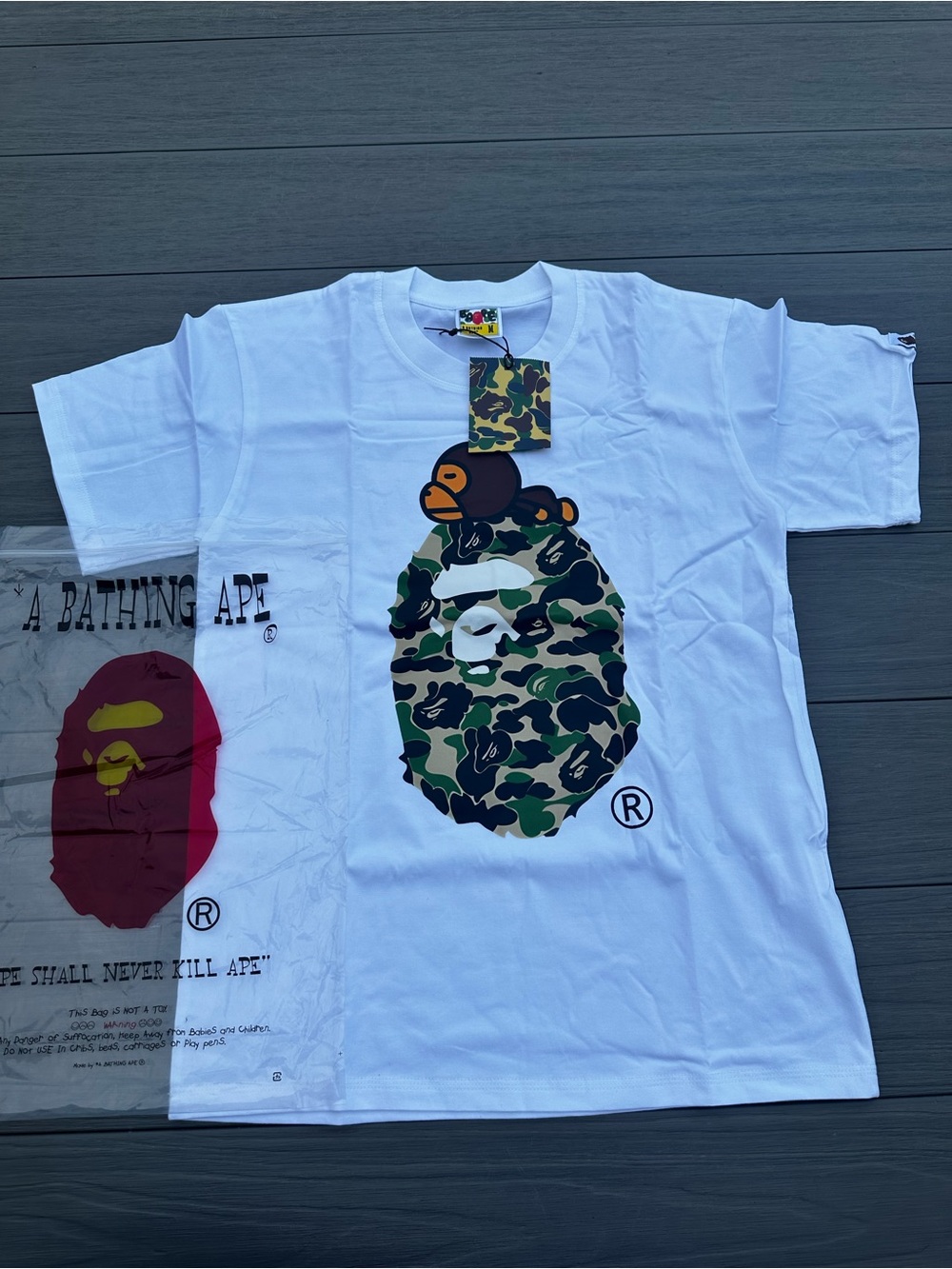 Bape White Tee with Green Camo Ape Head Graphic